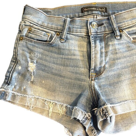 Abercrombie & Fitch A&F Light Wash Bleach Spots Cut Off Stretch Jean Shorts 2 - Picture 3 of 8